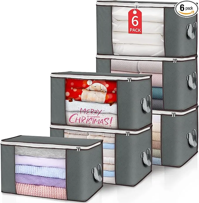 90L Large Storage Bags, 6 Pack Clothes Storage Bins Foldable Closet Organizers Storage Containers with Reinforced Handle for Clothing, Blanket, Comforters, Bed Sheets, Pillows and Toys (Gray)