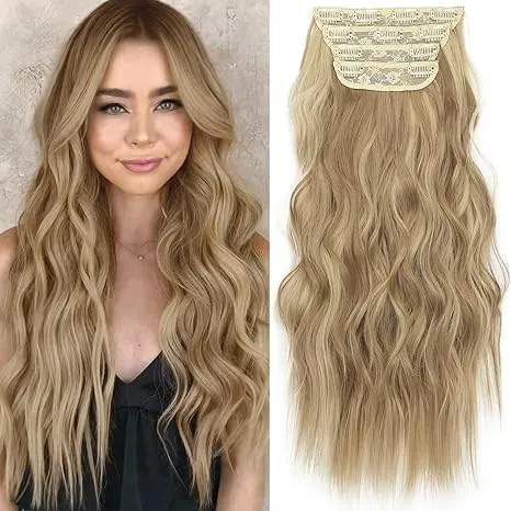 KooKaStyle Clip in Synthetic Hair Extensions Long Wavy 4PCS Thick Hairpieces Light Brown mix Golden Blonde Fiber Double Weft Natural Hair Extensions 20 Inch for Women