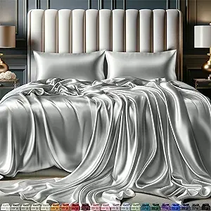 DECOLURE Satin Sheets Queen Size Set 4 Pcs - Silky & Luxuriously Soft Satin Bed Sheets w/ 15 inch Deep Pocket - Similar to Silk Sheets - Double Stitching - Wrinkle Free (Grey)