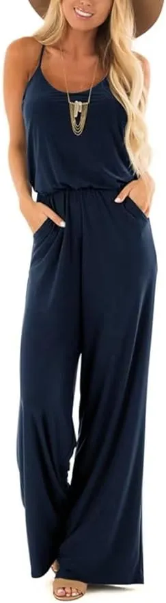 Lacozy Womens Casual Loose Sleeveless Spaghetti Strap Wide Leg Pants Jumpsuit Rompers