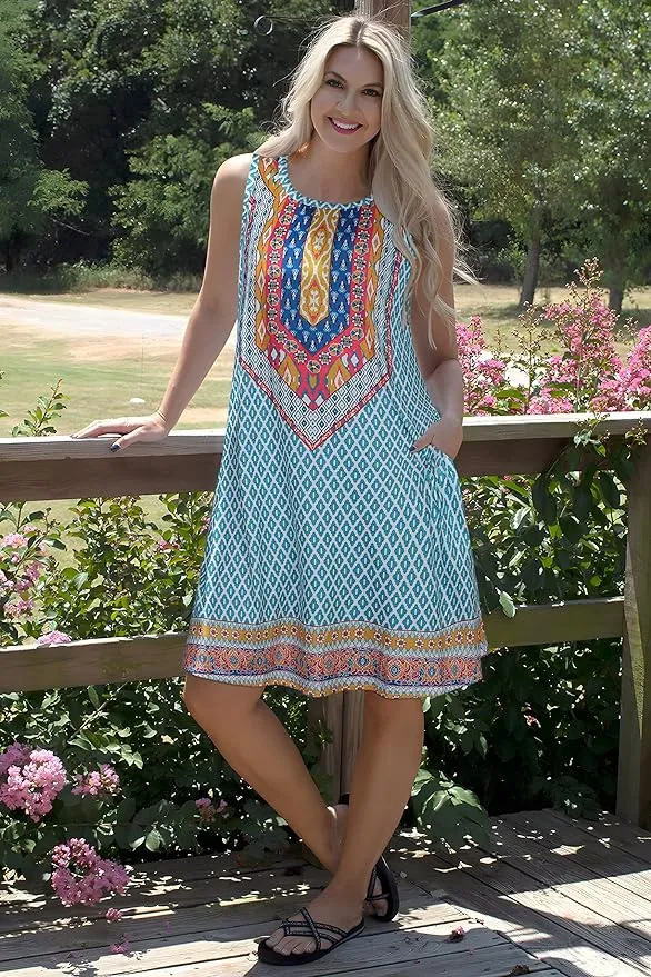 Summer Dresses for Women Beach Boho Sleeveless Vintage Floral Flowy Pocket Tshirt Tank Sundresses