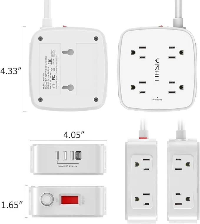 6 Ft Surge Protector Power Strip - 8 Widely Outlets with 4 USB Ports, 3 Side Outlet Extender with 6 Feet Extension Cord, Flat Plug, Wall Mount, Desk USB Charging Station, ETL,White
