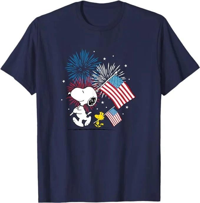 Peanuts - Snoopy & Woodstock American Flags & Fireworks T-Shirt