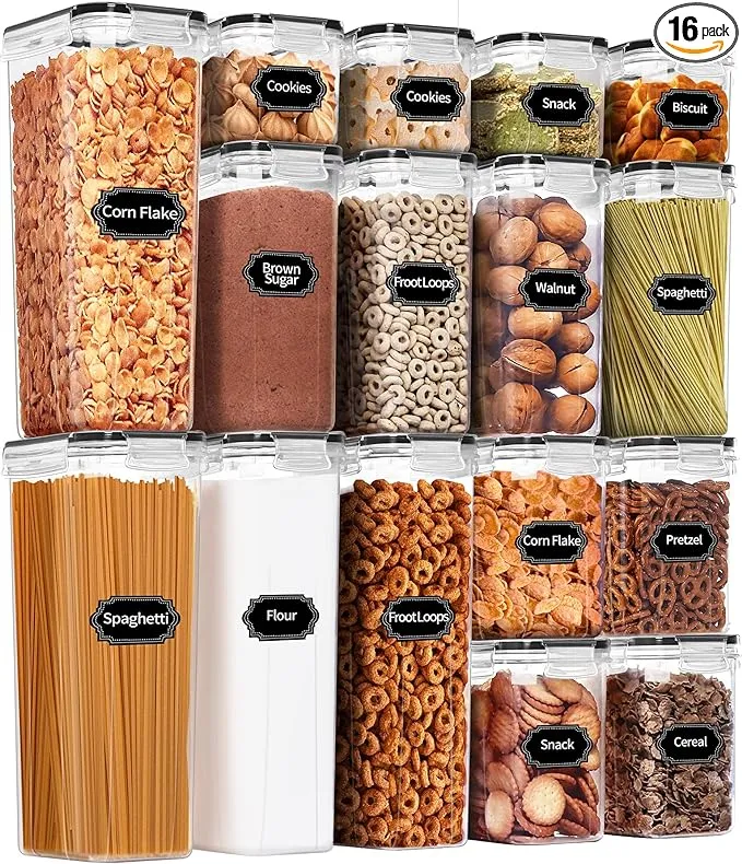 PRAKI Airtight Food Storage Container Set, 16 Pcs BPA Free Plastic Dry Food Canisters for Kitchen Pantry Organization and Storage Ideal for Cereal, Flour & Sugar - Labels, Marker(Black)