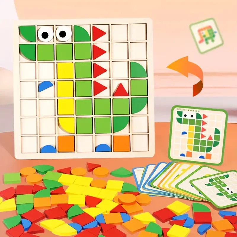 3D Wooden Mosaic PuzzlesVibrant & Diverse Shapes, Educational Building Blocks for Kids 
