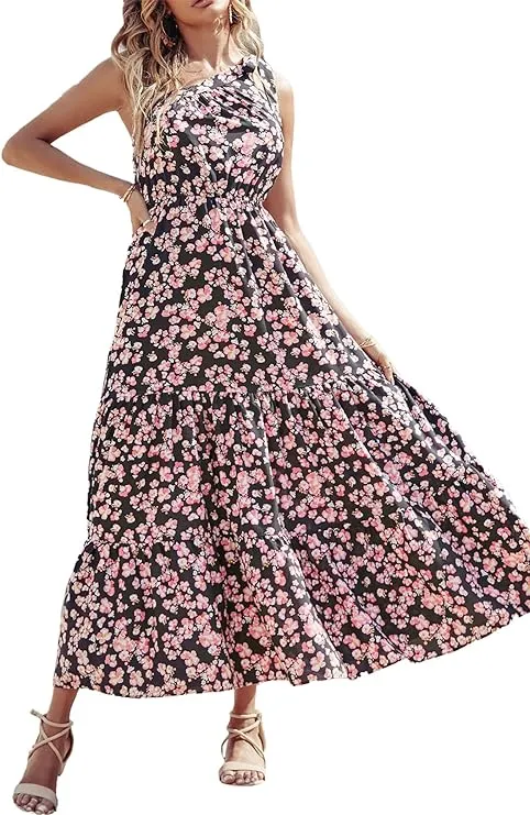 PRETTYGARDEN Womens 2024 Floral Knot One Shoulder Sleeveless Ruffle Hem Flowy Boho Dresses