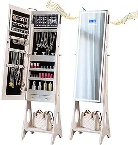 Upgraded Jewelry Armoire Organizer with Bluetooth Speaker, Stand Jewelry Cabinet with Lighted Full Length Mirror,Standing Jewelry Armoire with magnetic lock,Jewelry Storage Mirror White