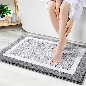 OLANLY Bathroom Rugs 30x20, Extra Soft and Absorbent Microfiber Bath Mat, Non-Slip, Machine Washable, Quick Dry Shaggy Bath Carpet, Suitable for Bathroom Floor, Tub, Shower (Grey and White)