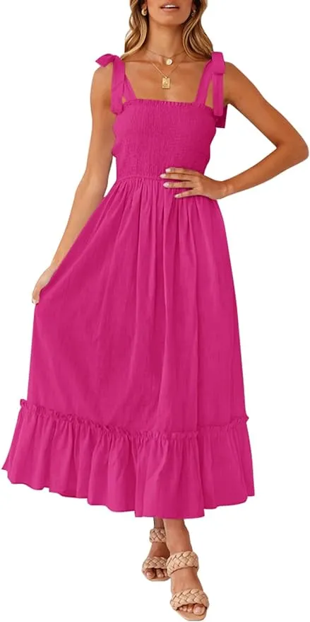 ZESICA Women's 2024 Summer Boho Spaghetti Strap Square Neck Solid Color Ruffle A Line Beach Long Maxi Dress