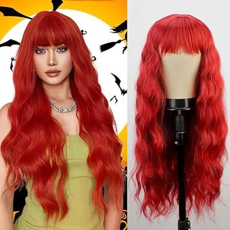 andromeda Red Wig with Bangs Soft Long Wavy Wigs for Women Curly Synthetic Wig Replacement Halloween Costumes Cosplay Party Wigs (Red)  