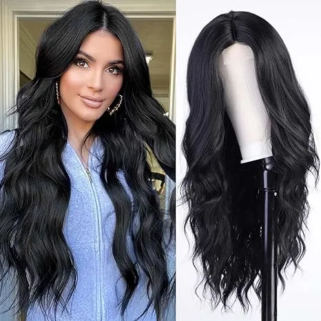 Long Black Wavy Wig for Women 26 Inch Middle Part Curly Wig Natural Looking Synthetic Heat Resistant Fiber Wig for Daily Party Use