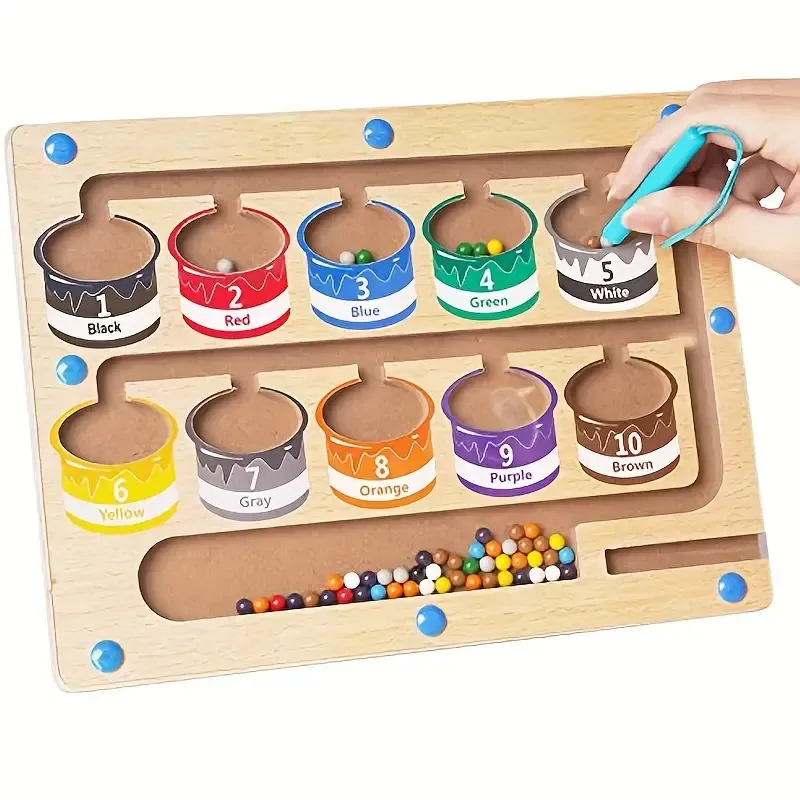 Wooden Magnetic Maze Game Board Color & Number Puzzles for Montessori Learning - Develops Cognitive Skills, Fun 