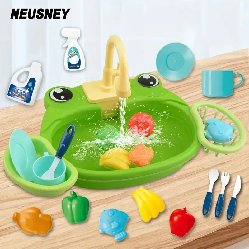 Electric Play Kitchen: Realistic Dishwashing Fun with Water Recycling Faucet