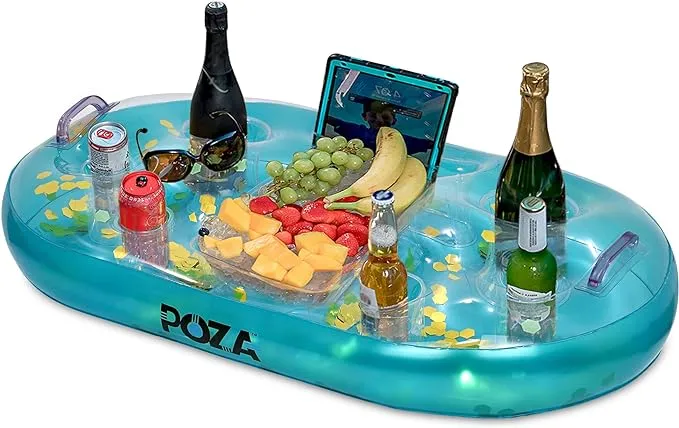 POZA Inflatable Gold Floating Cooler - Luxurious Drink Holder Filled with Sparkly Confetti, Premium Party Float with 8 Holders, Serving Bar for Beach, Lake, Hot Tub, Jacuzzi and Pool - 39x23 Inches