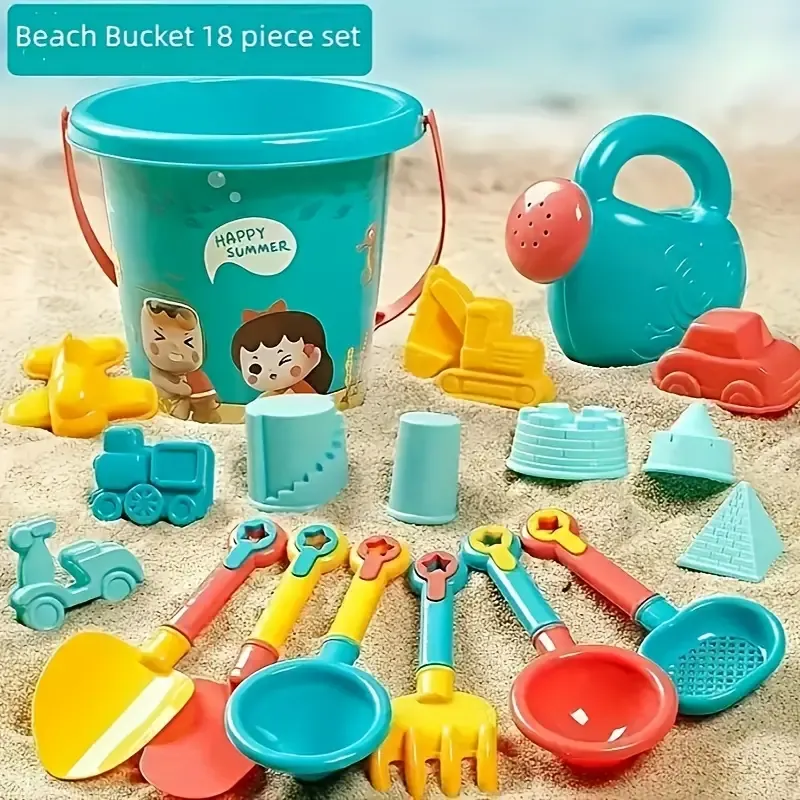 18pcs Beach & Snow Play Set Vibrant Seaside Pine Stone Green Toys with Durable Trolley & Bucket, All-Season Shovel