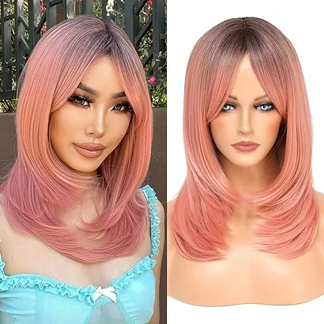 JAMBALAYA Pink Wig with Dark Roots and Bangs Shoulder Length Layered Pink Wigs for Women Heat Resistant Synthetic Wig Fun Cosplay Party Straight Hair Wigs(Pink, 18 Inch)