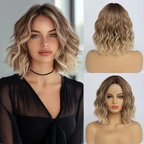 Short Ombre Blonde Wavy Wig for Women 14 Inch Shoulder Length Middle Part Curly Wavy Bob Wig Natural Looking Synthetic Heat Resistant Fiber Wig for Daily Party Use