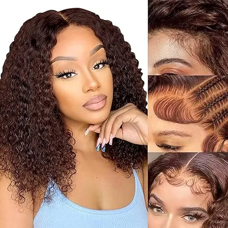 FABA Chocolate Brown Curly Lace Front Wigs Human Hair 16Inch #4 Colored Curly Lace Frontal Wig for Women 180% Density 13x4 HD Lace Front Brown Deep Wave Wig Human Hair with Baby Hair