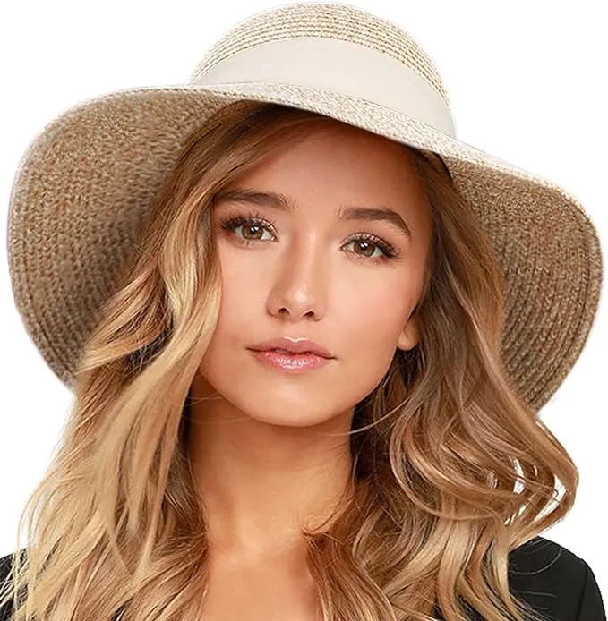 FURTALK Womens Beach Sun Straw Hat UV UPF50 Travel Foldable Brim Summer UV Hat
