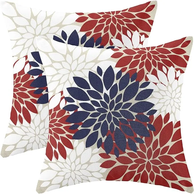 4th of July Pillow Covers 18x18 Set of 2, Red Navy Blue Dahlia Floral Decorative Throw Pillows Linen Geometric Flower Modern Style Cushion Pillow Covers for Sofa Couch Outdoor Decor