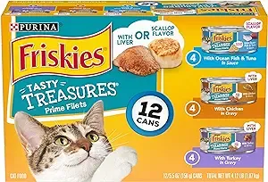Purina Friskies Gravy Wet Cat Food Variety Pack, Tasty Treasures Prime Filets - (Pack of 12) 5.5 oz. Cans