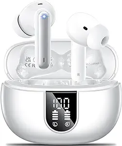 Wireless Earbuds, 2024 Wireless Headphones HiFi Stereo Earphones with 4 ENC Noise Canceling Mic, 42Hs Playtime In Ear Earbud, Bluetooth 5.3 Sport Earphones with LED Power Display for Android iOS White