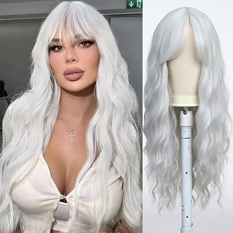 White Wigs for Women Long Curly Wavy Synthetic Wig with Bangs Colorful Wig Hair Heat Resistant Fiber Wigs for Cosplay Party Use