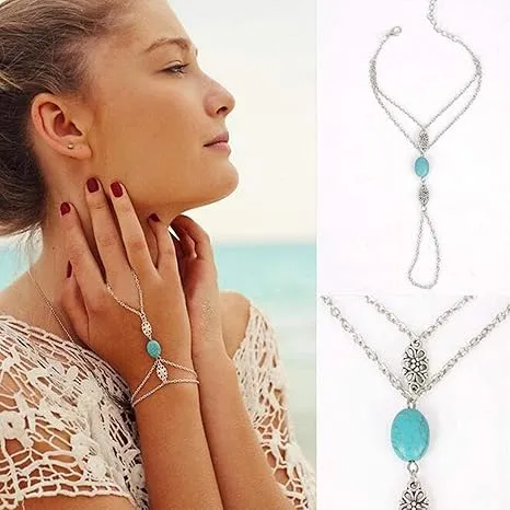 Boho Turquoise Bracelet Finger Chain Silver Turquoise Bracelet Layered Slave Bracelet Flora Turquoise Wrist Chain Harness Hand Chain Vintage Turquoise Bracelet Jewellery for Women Girls